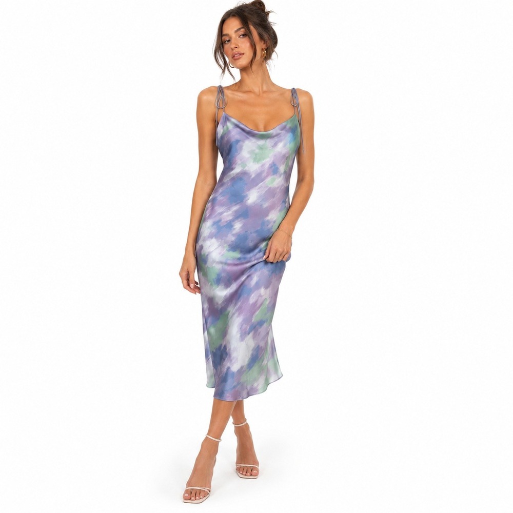 NWT Skies Are Blue Watercolor Abstract Slip Dress Purple Satin Cowl Neck Size XL